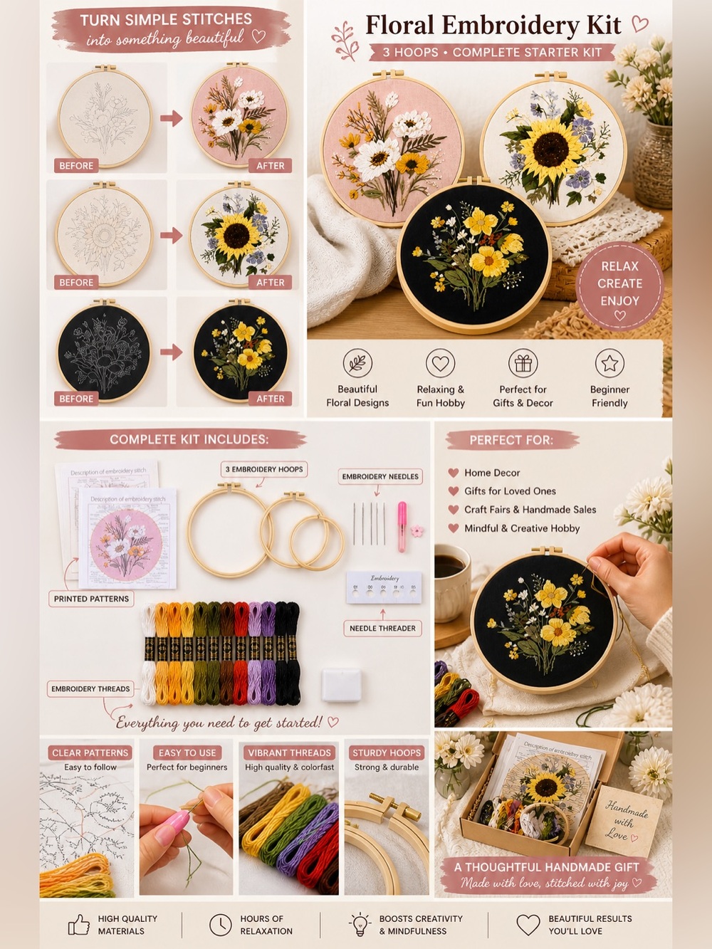 Embroidery Kit Floral Pattern Set 3 Hoops Starter Sewing Craft DIY Adult Hobby